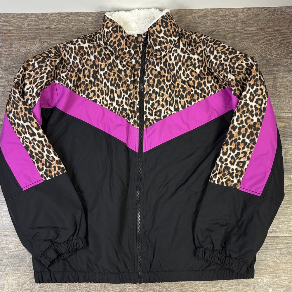 American Eagle Leopard & Magenta Colorblock Sherpa-Lined Jacket